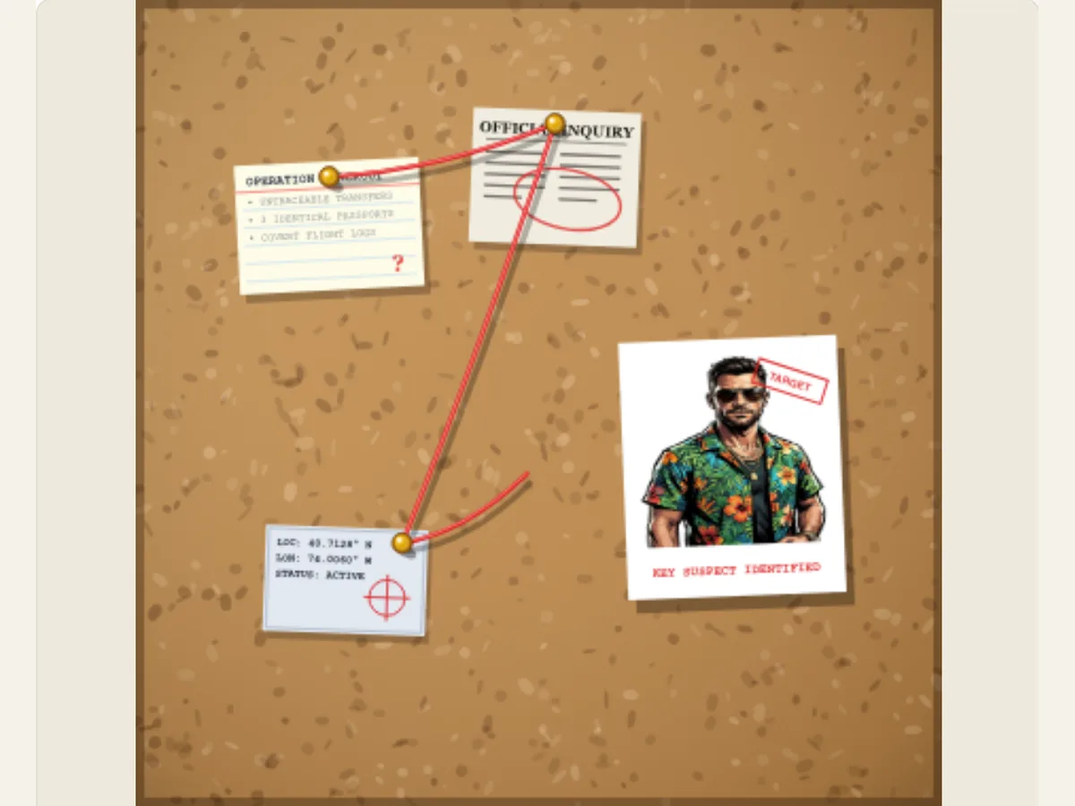 Captured PaperAnimationLab preview illustrating conspiracy corkboard