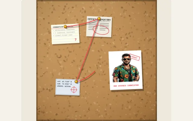 Captured PaperAnimationLab preview illustrating conspiracy corkboard