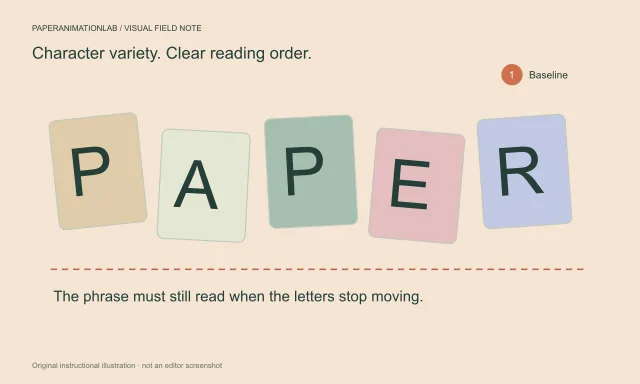 An editorial workbench with individually cut paper letters arranged into a short headline and a marked reading baseline