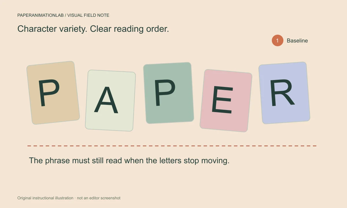 An editorial workbench with individually cut paper letters arranged into a short headline and a marked reading baseline