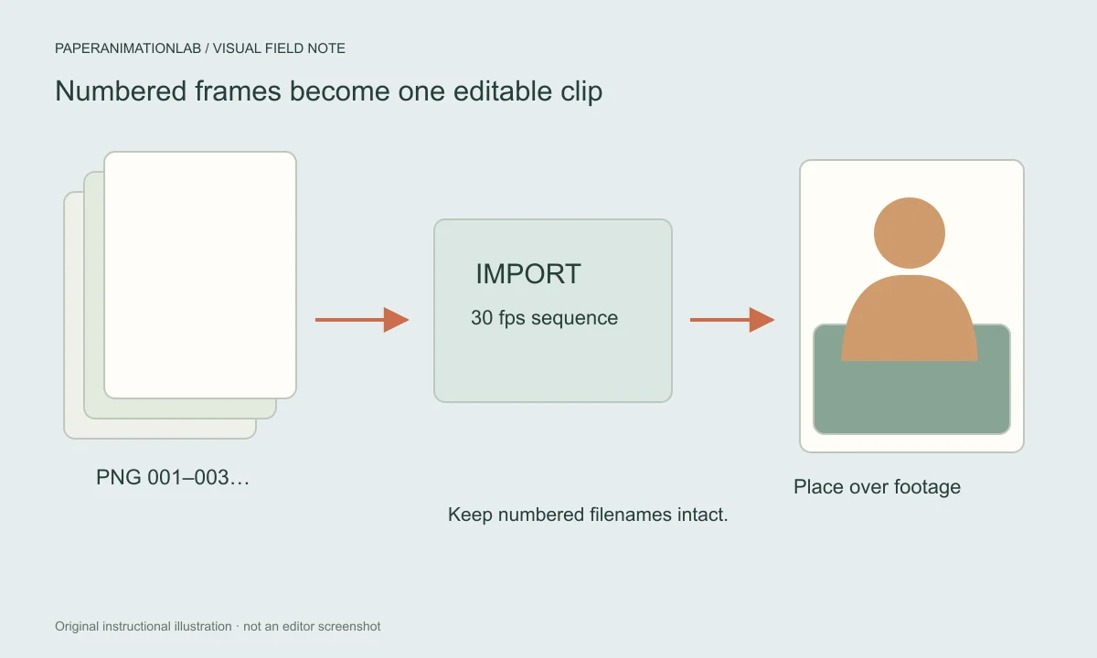 PNG frames moving through a 30 fps image-sequence import into a compositing timeline over footage