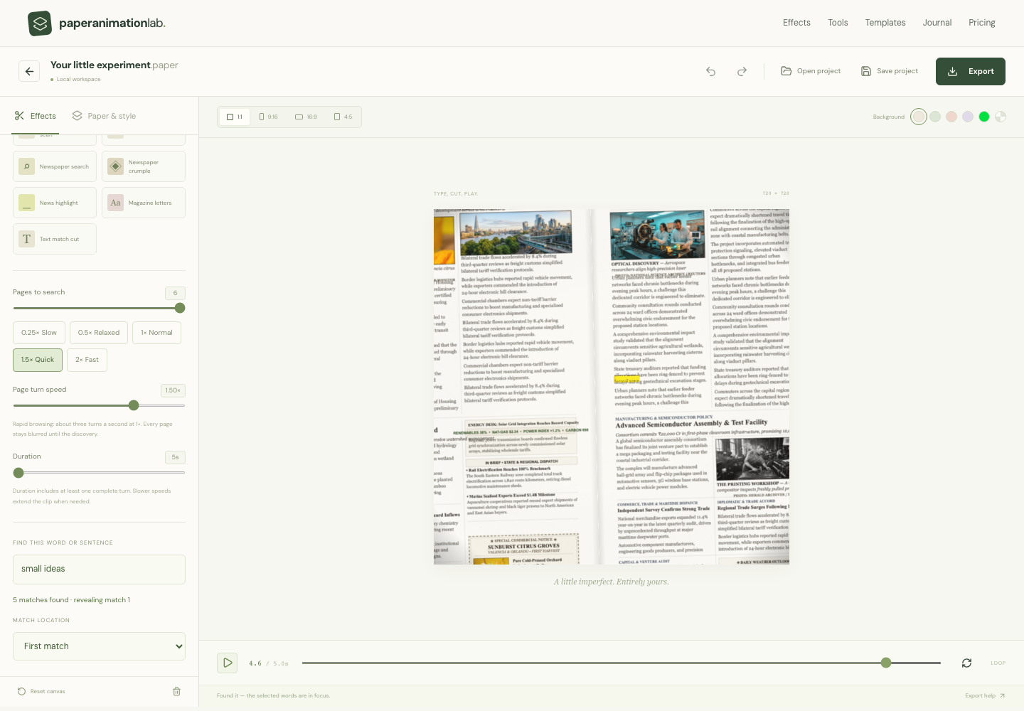 PaperAnimationLab newspaper research editor with changing newspaper layouts, page count, turn speed and match-location controls.