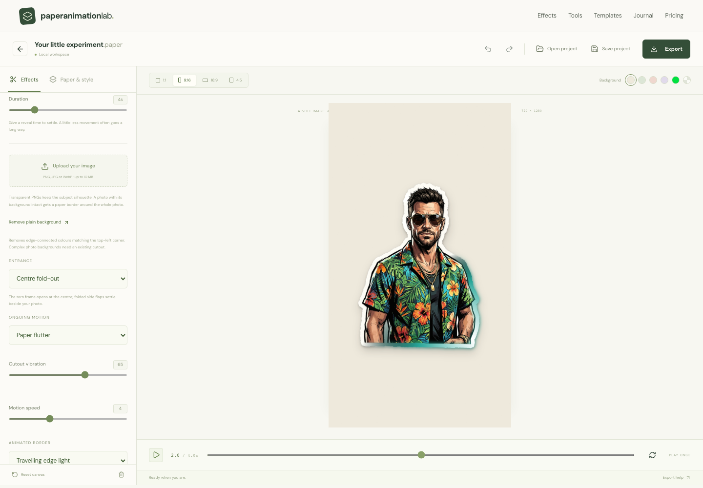 PaperAnimationLab photo cut editor showing a portrait preview, cutout entrance settings and animated paper border controls.